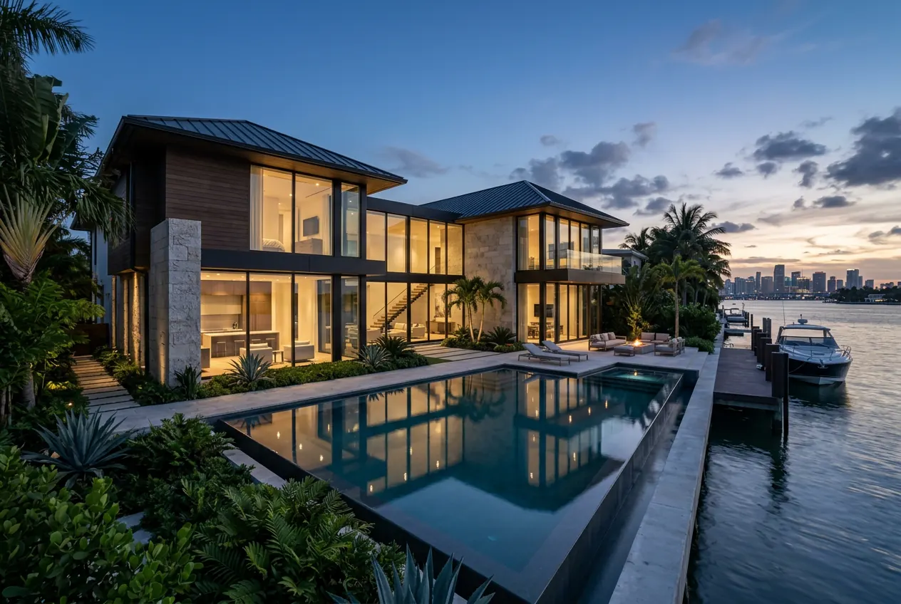 Private South Florida residence at dusk